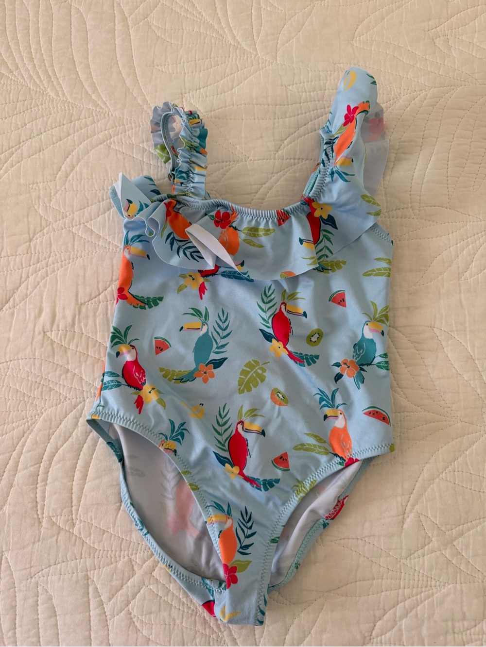 Zara Light Blue One-Piece Swimsuit with Colorful Parrot Print